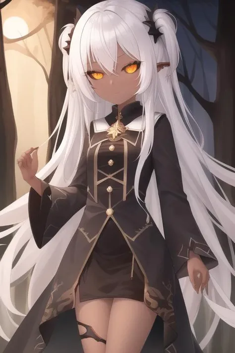 <lora:blackScleraTestInpaint_v10:1>, masterpiece, high quality, best quality, high res, 1 girl, white medium hair, orange eyes, (black sclera:1.1), (dark skin:1.1), COAT, FOREST, NIGHT, ROOT,