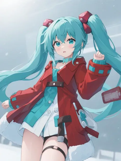 <lora:xl_kelala girl-000011:1>,red Coatventure\(clothing)\,hatsune miku,