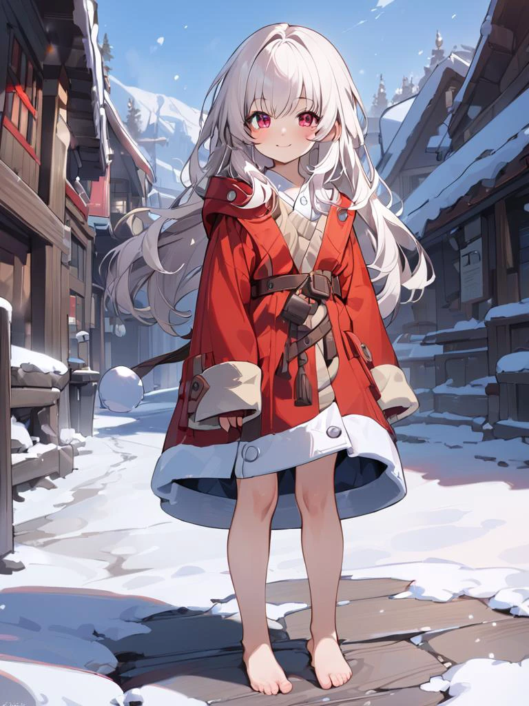 best quality, masterpiece, clara, teenager, long white hair, red eyes, kelala costume, full body, smile, snow, bare legs, barefoot, stands, eye-level shot,
