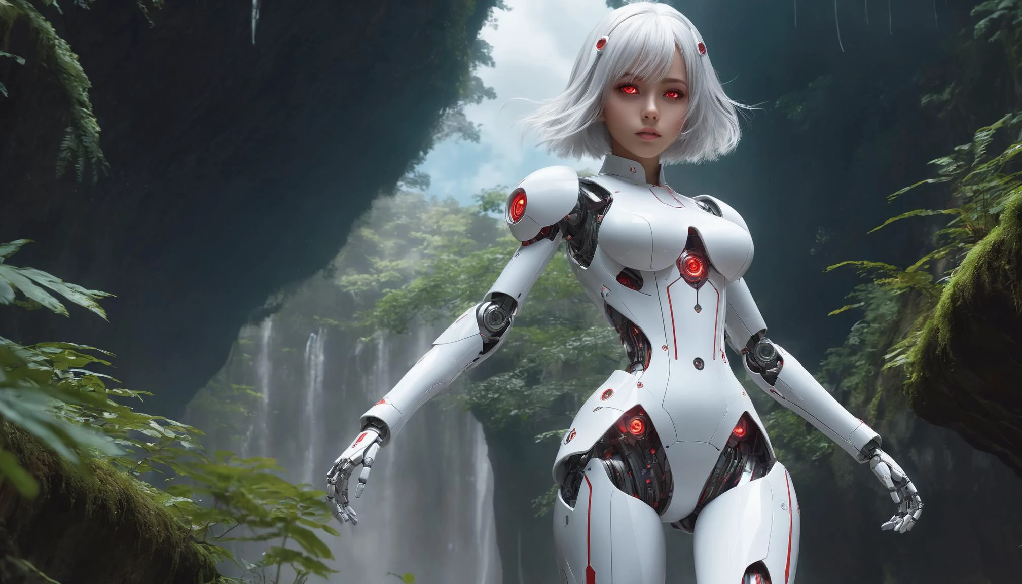 1girl , <lora:xl_kelala girl2-000012:0.5>, kelala girl,Coatventure\(clothing)\, white hair, Red eyes,, striding towards viewer ,<lora:conceptHolographic_holographicClothing:0.6:OUTS>holographic clothing, holographic, dress , outside, temperate rainforest chasm, cloudy sky, <lora:vadlora2a:0.5>,, 1mecha, best quality, biomechanical, complex robot, hyper realistic, (hyper detailed:1.25), intricate, (insane fine details:1.1), Extremely sharp lines, scifi aesthetic, a masterpiece <lora:wowifierXL:0.5> by mooncryptowow, complex robot,, very thin waist, <lora:SDXL_MassiveCowsLoRA_v1:0.1> breasts, cleavage, slim body,, (8k, masterpiece, best quality, ultra-detailed), (an extremely delicate and beautiful)kawaii, cute, very big eyes, Aesthetic Anime Eyes, small face, large breasts, cinematic lighting, , Intricate, High Detail, Sharp focus, dramatic, masterpiece, best quality, ultra-detailed,