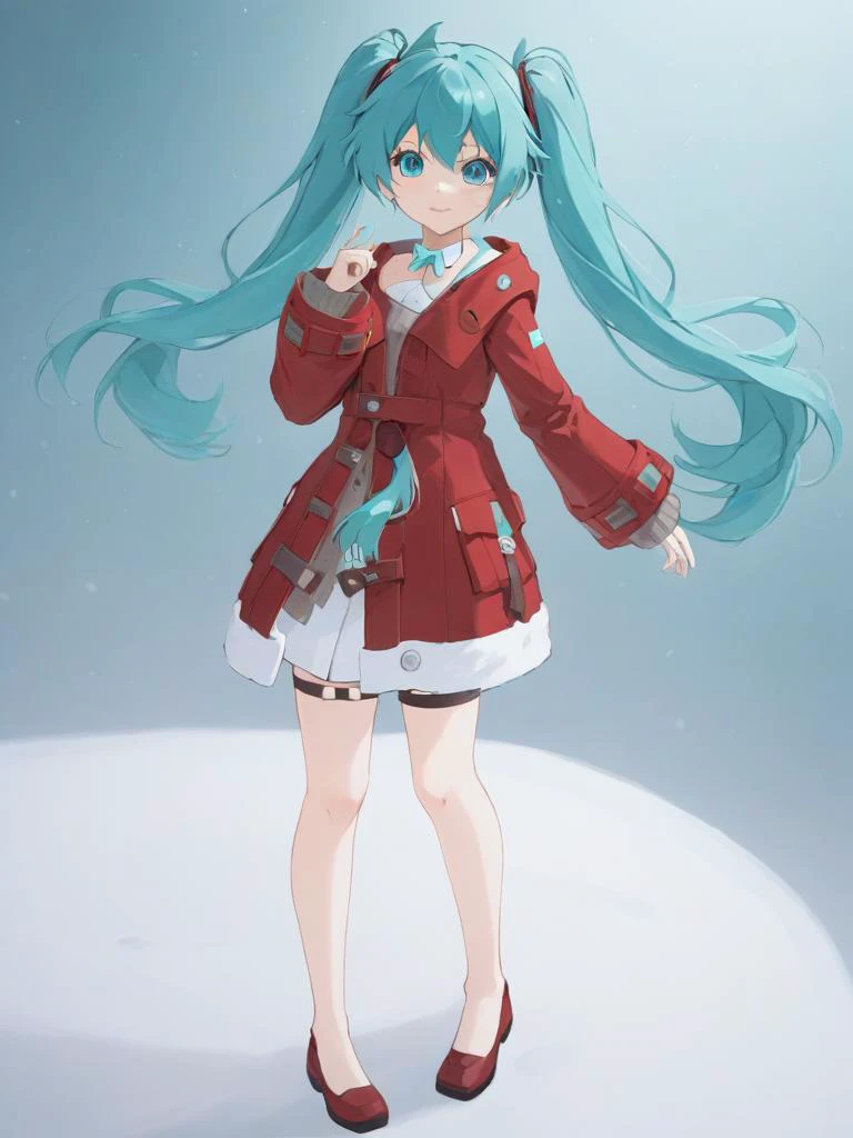 <lora:xl_kelala girl-000011:1>,red Coatventure\(clothing)\,hatsune miku,