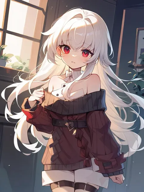 <lora:xl_kelala_pony2:1>,'clara' is a girl with long white hair and red eyes,off-shoulder sweater, score_9, score_8_up,