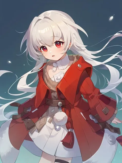 <lora:xl_kelala_pony2:1>,'clara' is a girl with long white hair and red eyes,she is wearing the 'kelala' outfit which includes red coat brown sweater white shirt,, score_9, score_8_up,