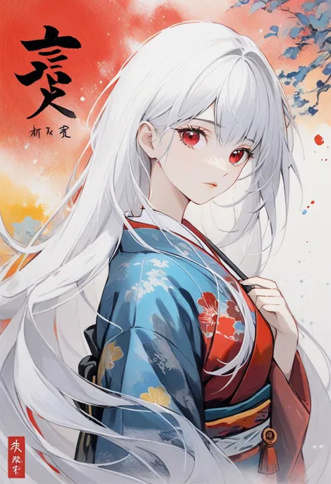 best quality, masterpiece, 1girl, clara,long white hair,red eyes,kelala costume,colorful kimono, looking at viewer, flawless,Freehand splash ink,xuer Ancient style ink, colorful background, japanese letter