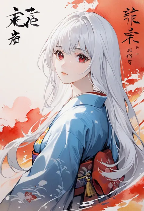 best quality, masterpiece, 1girl, clara,long white hair,red eyes,kelala costume,colorful kimono, looking at viewer, flawless,Freehand splash ink,xuer Ancient style ink, colorful background, japanese letter