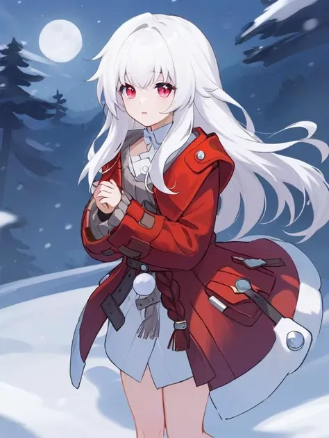 <lora:xl_kelala girl-000011:1>,kelala girl,white hair,Red eyes,Flowtress\(hairstyle)\,red Coatventure\(clothing)\,