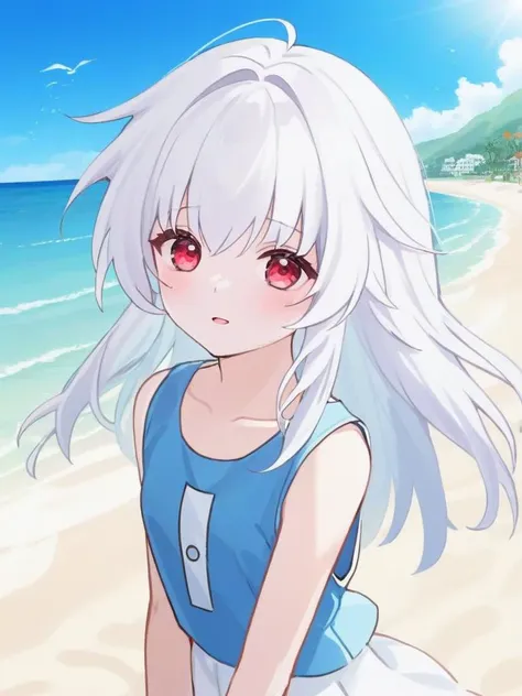 <lora:xl_kelala girl-000011:1>,kelala girl,white hair,Red eyes,Flowtress\(hairstyle)\,beach,sleeveless shirt,