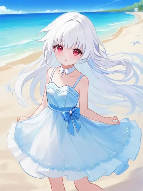 <lora:xl_kelala girl-000011:1>,kelala girl,white hair,Red eyes,Flowtress\(hairstyle)\,beach,party dress,cocktail_dress