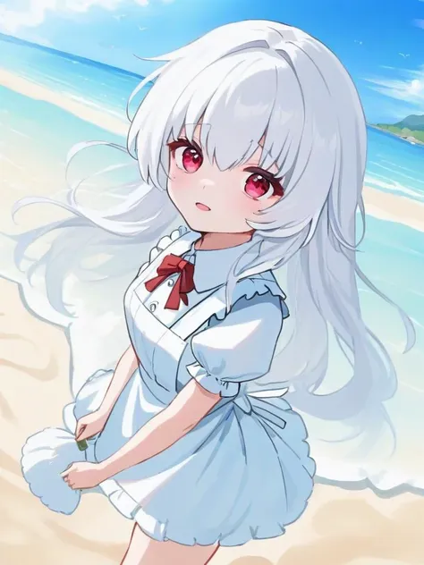 <lora:xl_kelala girl-000011:1>,kelala girl,white hair,Red eyes,Flowtress\(hairstyle)\,beach,maid,