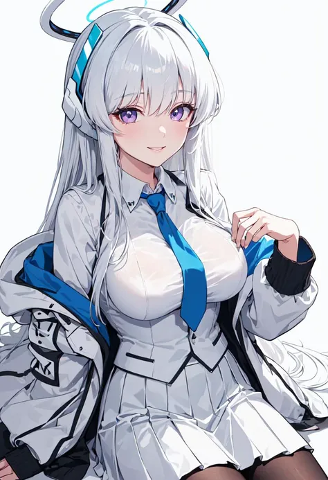best quality, masterpiece, highres, solo, (noa_bluearchive:1.10), 1girl, black pantyhose, blue necktie, collared shirt, long sleeves, looking at viewer, smile, white jacket, white shirt, white skirt, pleated skirt, simple background, white background, closed mouth, blush, open clothes, suit, sitting, 0 <lora:noa_bluearchive:0.80>