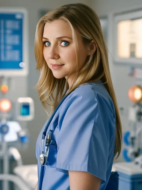 Cinematic film still, full body photo of young Sarah Chalke, wearing blue scrubs, ((detailed facial features)), (hospital:1.2), (cold colors), intricate details, cinematic lighting, reflections, photographed on a Canon EOS R5, 50mm lens, F/2.8, HDR, 8k resolution, ((cinematic film still from Scrubs))