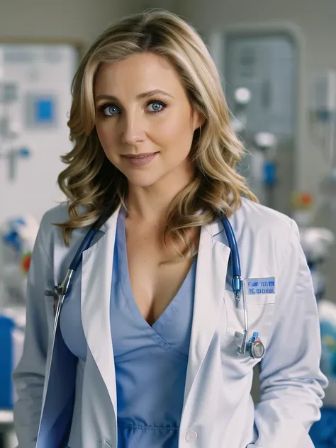 Cinematic film still, full body photo of Sarah Chalke, wearing blue scrubs, doctors white coat, ((detailed facial features)), (hospital:1.2), (cold colors), intricate details, cinematic lighting, reflections, photographed on a Canon EOS R5, 50mm lens, F/2.8, HDR, 8k resolution, ((cinematic film still from Scrubs))