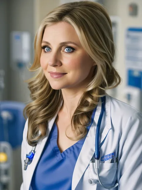 Cinematic film still, full body photo of Sarah Chalke, wearing blue scrubs, doctors white coat, ((detailed facial features)), (hospital:1.2), (cold colors), intricate details, cinematic lighting, reflections, photographed on a Canon EOS R5, 50mm lens, F/2.8, HDR, 8k resolution, ((cinematic film still from Scrubs))