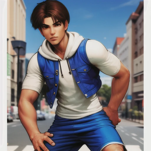 <lora:kensouKOF_1:1> hands on waist , boy, 19y.o., blue jacket, white hoodie, blue shorts<hypernet:samdoesartsHypernetwork_v422500Steps:0.058>