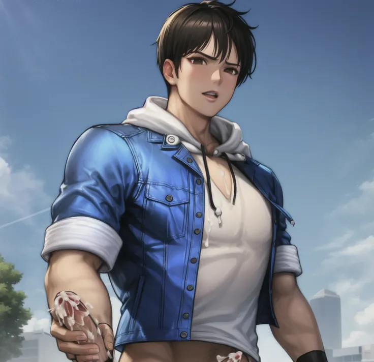 masterpiece, hyper detailed, highres, good anatomy, solo, <lora:kensouKOF_1:1> SieKensou ATHLETIC male, naked, large pectorals, broad shoulders, penis, frenulum, glans, older male, (blue short-sleeve jacket) (white hoodie), lifiting shirt, cum on chest<hypernet:samdoesartsHypernetwork_v422500Steps:0.058>