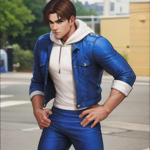 <lora:kensouKOF_1:1>  hands on waist , boy,  blue jacket, white hoodie, blue shorts<hypernet:samdoesartsHypernetwork_v422500Steps:0.058>