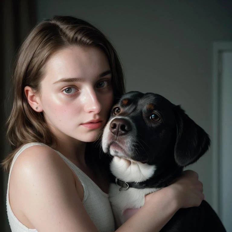 cinematic analog movie still of 18 years old girl mating with dog, sharp focus, textured skin, imperfect skin, skin pores, ambient lighting, highres, 4k uhd, low contrast pastel lighting, professional color grading, intricate, highly detailed