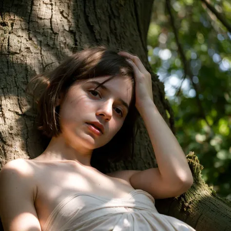 A pretty 18yo girl actress Alice Pagani, bob cut, lying in the shade of a maritime tree log, sunny, cinematic, sharp focus, intricate, dramatic light, (abstract narrative:1.1), Canon EOS 5D Mark IV, high emotional impact, experimental photography