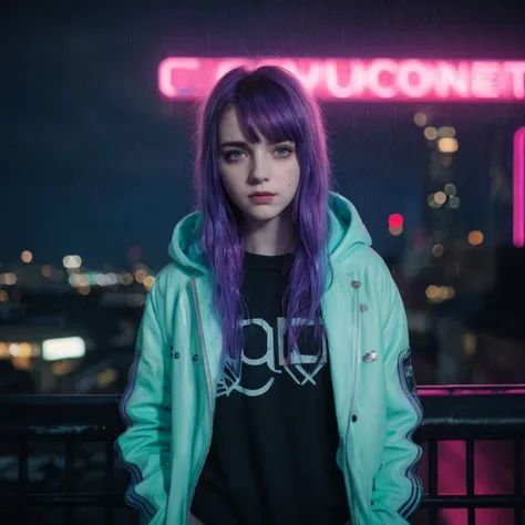 cinematic analog movie still of 18 years old girl punk style, kawaii punk, wearing a hood, looking at viewer, night, blue neon light, cyberpunk, vivid, rooftop, night, rain, rainy rooftop, background with skyscrapers, cityscape, sharp focus, textured skin, imperfect skin, skin pores, ambient lighting, highres, 4k uhd, low contrast pastel lighting, professional color grading, intricate, highly detailed