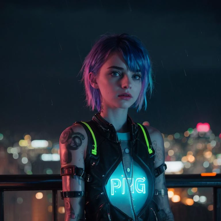 cinematic analog movie still of 18 years old girl punk style, kawaii punk, night, blue neon light, cyberpunk skin robotic implants, vivid, rooftop, night, rain, rainy rooftop, background with skyscrapers, cityscape, sharp focus, textured skin, imperfect skin, skin pores, ambient lighting, highres, 4k uhd, low contrast pastel lighting, professional color grading, intricate, highly detailed