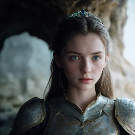 cinematic analog movie still of 18 years old girl as a princess knight in a fantasy cave, sharp focus, textured skin, imperfect skin, skin pores, ambient lighting, highres, 4k uhd, low contrast pastel lighting, professional color grading, intricate, highly detailed, by Wes Anderson