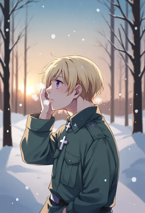 score_9, score_8_up, score_7_up, source_anime, snow,snowing,
BREAK
outdoors,forest, sunset, sunrays, blurry background,
BREAK
NSFinlandHetalia, blonde hair, purple eyes, hand on head, looking up, hand in pocket, breath, from side, military uniform, cross,
<lora:NSFinlandHetalia:0.8>