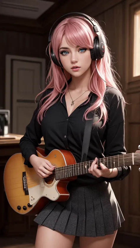 1girl, ((cinematic light)), colorful, hyper detail, dramatic light, intricate details, best quality, (extremely detailed CG unity 8k wallpaper, masterpiece, best quality, ultra-detailed, best shadow), (detailed background:1.4), (beautiful detailed face, beautiful detailed eyes), High contrast, (best illumination, an extremely delicate and beautiful),(girl:1.5), solo, black skirt, blue eyes, electric guitar, guitar, headphones, holding, holding plectrum, instrument, long hair, music, one side up, pink hair, playing guiter, pleated skirt, black shirt, indoors ((caustic)), dynamic angle,beautiful detailed glow,full body, cowboy shot,, ((intricate details)), hdr, ((intricate details, hyperdetailed)), extremely high-resolution details, ((masterpiece, best quality)), 8k uhd, 8k, high resolution, realistic breasts, small beautiful nipples, realistic pussy, (perfect figure), slim waist, sexy