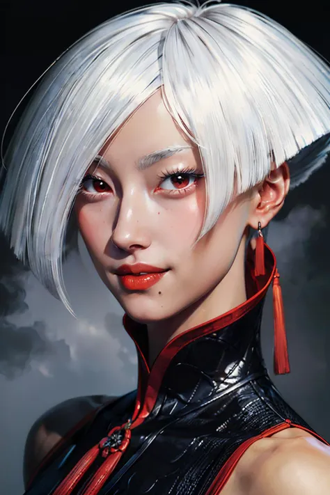 AKI, white hair, red eyes, red earrings,red lips,chinese clothes, black dress, looking at viewer, smiling, portrait, chiaroscuro, inside, foggy background, high quality, masterpiece <lora:AKI:.8>