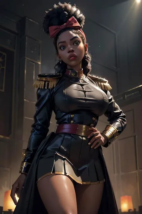 (8k, RAW photo, highest quality), hyperrealistic, intricate, (masterpiece, best quality, hires, high resolution:1.2), (extremely detailed, realistic, intricate details, highres),
sharp focus, (intricate, detailed:1.3),(Cinematic lighting),(detailed scenery, epic scenery),(official style, official art, official wallpaper,)
A cold and desolate world, laspistol, sword,
medium_shot, upper body, three-quarter view, (from below:1.2) volumetric lighting, cinematic composition, fog, steam, dust particles, dark atmosphere
an eye contact of a black woman, (black skin:1.3), yellow spotlight, dark theme, lonely, Lavish, Matte black eyeshadow with a cut crease, metallic lipstick, golden ratio, soft lighting, bokeh,
1girl, solo, panties, DoloresWaifu, (afro, hair bow), ((large breasts, narrow waist, wide hips)),
muscular legs, fit body, perfect body, ((mini skirt))
edgcommissar, millitary uniform, epaulettes, skull emblem, hat, wearing edgcommissar, warhammer_40k_commissar,