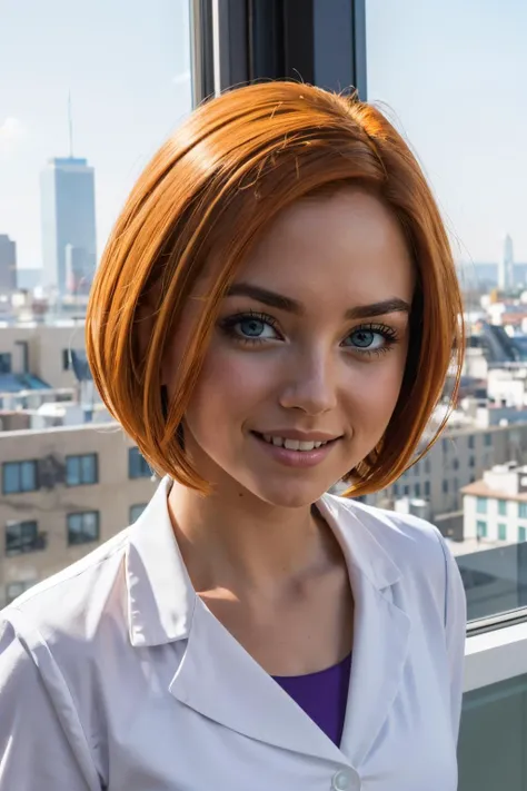 annpossible, short orange hair, blue eyes, white labcoat, purple dress, looking at viewer, smiling, close up, inside, office, window, cityscape, high quality, masterpiece, <lora:annpossible:.8>