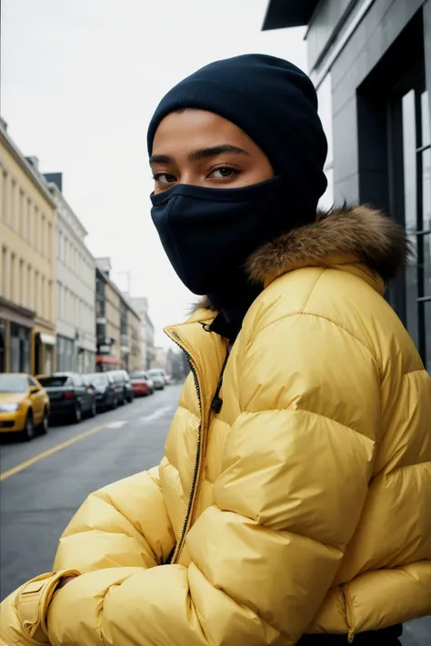 realistic photoshoot for a new balenciaga lookbook, color film photography, portrait of a beautiful woman wearing a balaclava puffer mask, photo in style of tyler mitchell, (35mm lens:0.88)