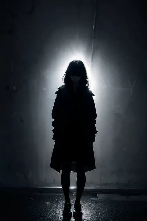 emotional, mood, deep, nighttime, silhoutte lighting, 404 written on wall