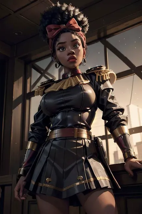 (8k, RAW photo, highest quality), hyperrealistic, intricate, (masterpiece, best quality, hires, high resolution:1.2), (extremely detailed, realistic, intricate details, highres),
sharp focus, (intricate, detailed:1.3),(Cinematic lighting),(detailed scenery, epic scenery),(official style, official art, official wallpaper,)
A cold and desolate world, laspistol, sword,
medium_shot, upper body, three-quarter view, (from below:1.2) volumetric lighting, cinematic composition, fog, steam, dust particles, dark atmosphere
an eye contact of a black woman, (black skin:1.3), yellow spotlight, dark theme, lonely, Lavish, Matte black eyeshadow with a cut crease, metallic lipstick, golden ratio, soft lighting, bokeh,
1girl, solo, panties, DoloresWaifu, (afro, hair bow), ((large breasts, narrow waist, wide hips)),
muscular legs, fit body, perfect body, ((mini skirt))
edgcommissar, millitary uniform, epaulettes, skull emblem, hat, wearing edgcommissar, warhammer_40k_commissar,