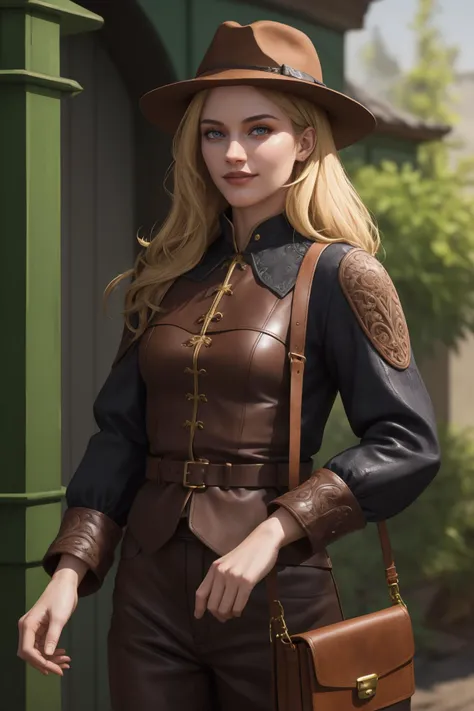 (high quality, best quality, absurdres, high detail, intricate detail, masterpiece:1.2), (feudal fantasy world, darkelf:1.1), (adult woman, 1girl, solo, flat breasts, seductive_smile:1.1), (hard-working adventurer, wearing brown leather outfit, brown fedora:1.2), (purple_eyes:1), (blonde_hair, very_long_hair, flipped_hair:1), (muscular body:1), (above verdant jail:1.1), (acid in a bag:1.2), wide-angle shot,