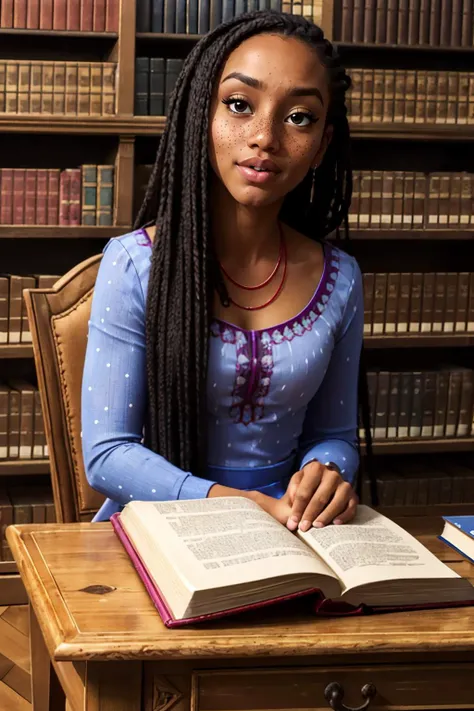 DisneyAsha, long hair, dark skin, freckles, dress, red necklace,looking at viewer, serious, sitting, on chair, table, inside a library, book shelf, holding a book,  high quality, masterpiece, <lora:AshaDisney-Stasis:.8>