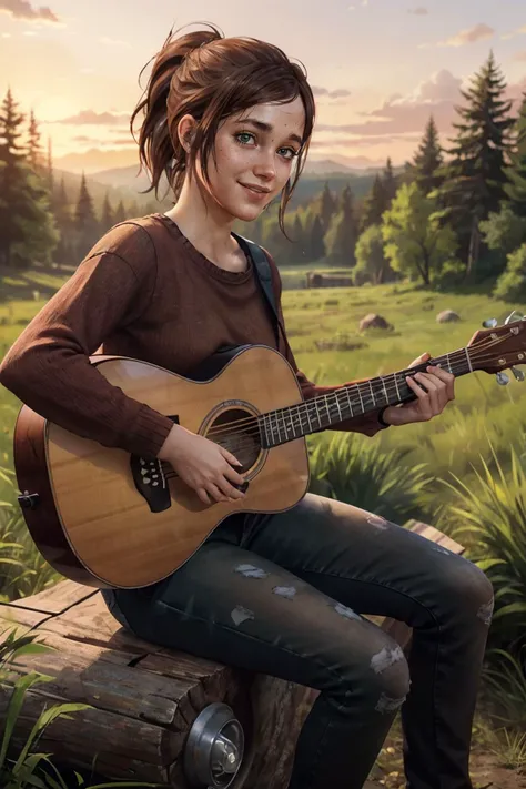 TLOUEllie, brown hair, ponytail, green eyes,red sweater, jeans, looking at viewer,smiling, sitting, on log, outside, holding acoustic guitar, playing guitar, field,dusk, sunset, forest, dark, high quality, masterpiece, <lora:TLOUEllie:.7>