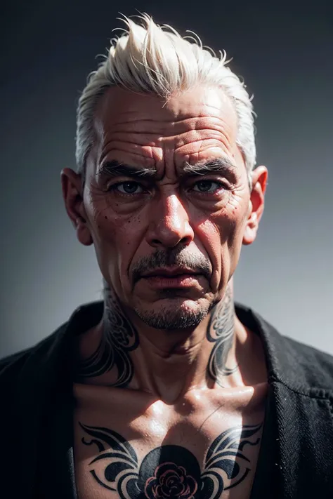 (8k, RAW photo, highest quality), an old wisely grandpa, former yakuza, wearing a kimono, dangerous looking, tattoos, skin pores, skin blemish, extremely high-resolution details, photographic, realism pushed to extreme, fine texture, 4k, ultra-detailed, high quality, high contrast