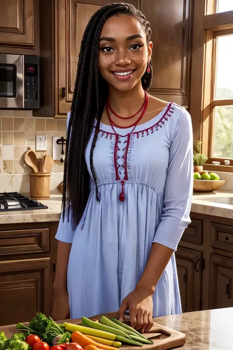 DisneyAsha, long hair, dark skin, freckles, dress, long sleeves, red necklace, looking at viewer, smiling, medium shot, standing, inside a kitchen, counter, cutting board, vegetables, window, natural lighting, high quality, masterpiece, <lora:AshaDisney-Stasis:.8>