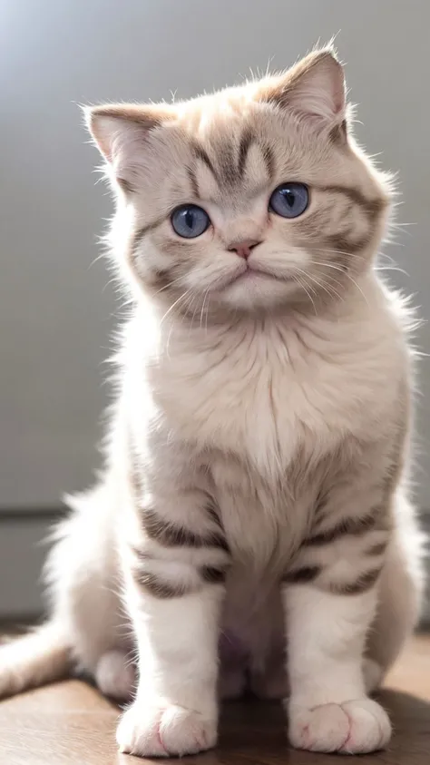 charming scottish fold kitty, nervous demeanor, folded ears, round eyes, twitchy tail, soft pastel fur, sweet anxiety, gentle disposition, perfect lighting, perfect shading