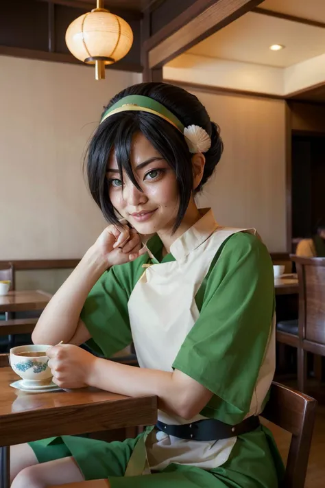 toph, girl, blind, short black hair, hair bun, hairband,hair between eyes, chinese clothes, green dress, short sleeves,
looking serious, happy,sitting, behind a table, inside japanese restaurant, table, tea cup, playful ambiance, high quality, masterpiece, <lora:toph_beifong_v1:.7>