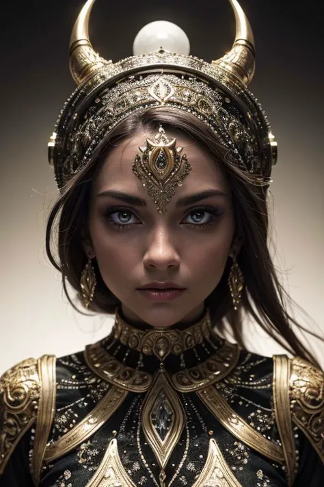 (8k, RAW photo, highest quality), hyperrealistic abstract style portrait of an otherworldly being with metallic skin, glowing orbs for eyes, and intricate fractal patterns emanating from their face, non-representational, colors and shapes, expression of feelings, imaginative, highly detailed