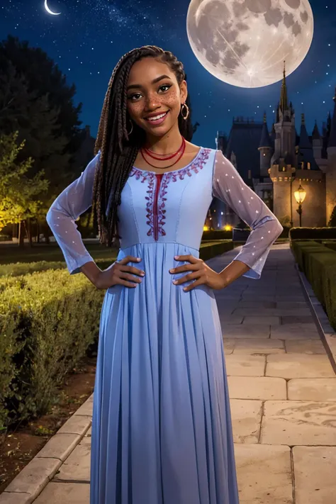 DisneyAsha, dark skin, freckles, dress, red necklace, sandals, looking at viewer, smiling, standing, hands on hips, outside, village, castle, night time, stars, moon, high quality, masterpiece, <lora:AshaDisney-Stasis:.8>