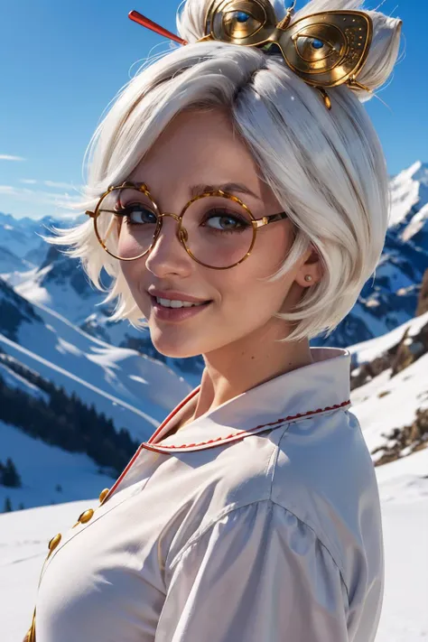 purah, red eyes, white hair, red framed eyewear, hair stick, hair ornament, white shirt, looking at viewer, smiling, close up portrait, outside, mountain, snow, blue sky,  high quality, masterpiece,  <lora:purah:.8>