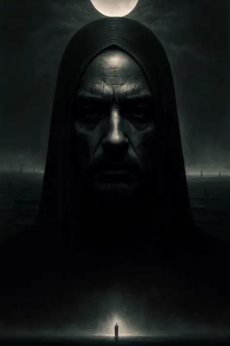 existential crisis by ZdzisBaw BeksiDski, intrincate, (detailed:1.13), moody, dark, oppressive