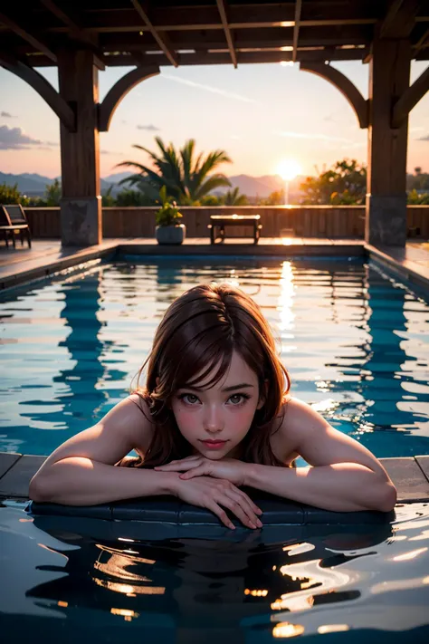 [[master piece]] a woman sitting in a pool at sunset, perfect female body silhouette, stunning pose, vibrant sunset, night setting