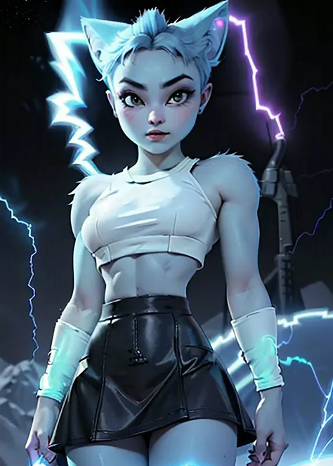 (8k, RAW photo, highest quality), hyperrealistic, intricate, (masterpiece, best quality, hires, high resolution:1.2), (extremely detailed, realistic, intricate details, highres),
yellow spotlight, dark theme, lonely, Lavish, Matte black eyeshadow with a cut crease, metallic lipstick, golden ratio, soft lighting, bokeh,
1girl, nicolewatterson, bold, a cat girl, blue skin, ((medium breasts, narrow waist, wife hips)), ligth gray skirt, white shirt, cute face,
abs, blush, blue body fur, cat tail, muscular, pectorals, blue fur, solo, spiked hair, ssj4, super saiyan, tail, ((energy:1.5)), ((aura:1.5)), ((electricity:1.5)), seductive, looking at viewer