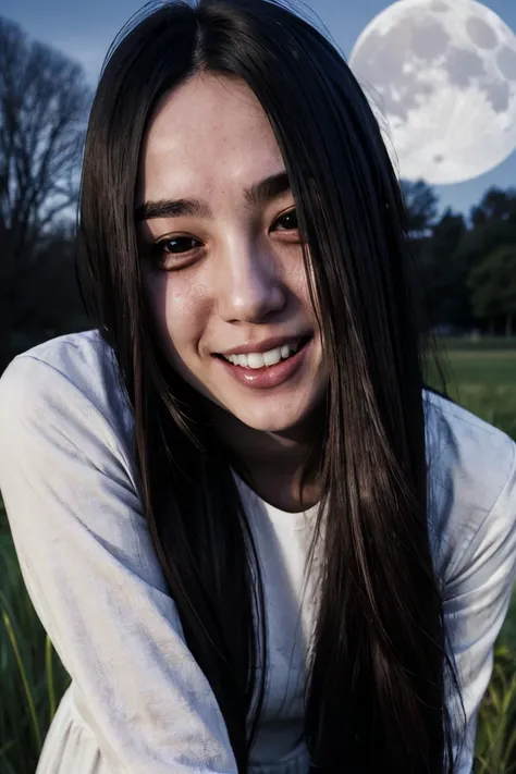 Sadako, long black hair, hair over eyes, pale skin, white dress, long sleeves, dirty clothes, looking at viewer,smiling, close up, outside, field, moon, night time, high quality, masterpiece, <lora:TheOnryoL:.8>
