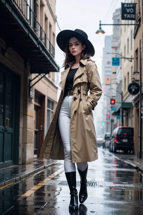 (8k, RAW photo, highest quality), hyperrealistic, essence of wanderlust and fashion in a moody street portrait, candidly depict a stylish individual in a trench coat and fedora, embracing the rain-soaked city streets