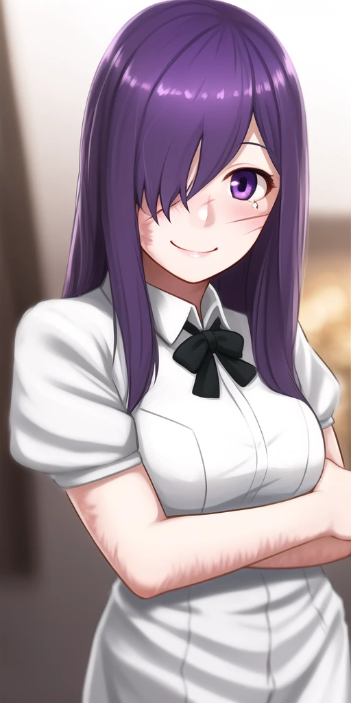 realistic, <lora:steampunkengis_katawashoujo_hanakoikezawa:0.8>, girl, solo, (close-up:1), (blush:0.4), shy, face, happy, smile, half-open eyes, purple hair, purple eyes, one eye covered,(burn scar on side:0.5) , white dress shirt, depth_of_field, bar, blurry background, dutch angle