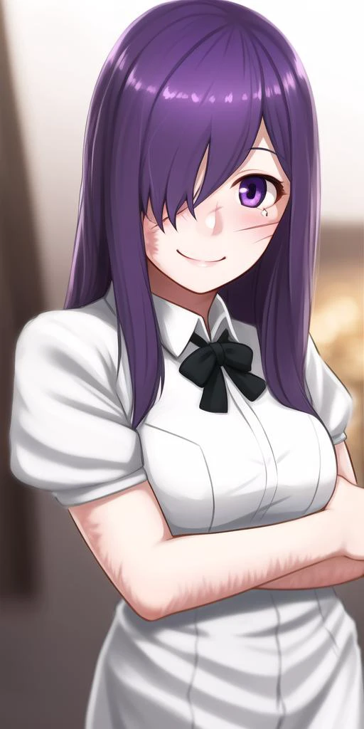 realistic, <lora:steampunkengis_katawashoujo_hanakoikezawa:0.8>, girl, solo, (close-up:1), (blush:0.4), shy, face, happy, smile, half-open eyes, purple hair, purple eyes, one eye covered,(burn scar on side:0.5) , white dress shirt, depth_of_field, bar, blurry background, dutch angle